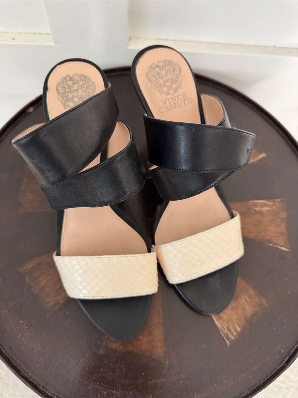 Vince Camuto Black and Cream Textured Two-Band Slide Mules